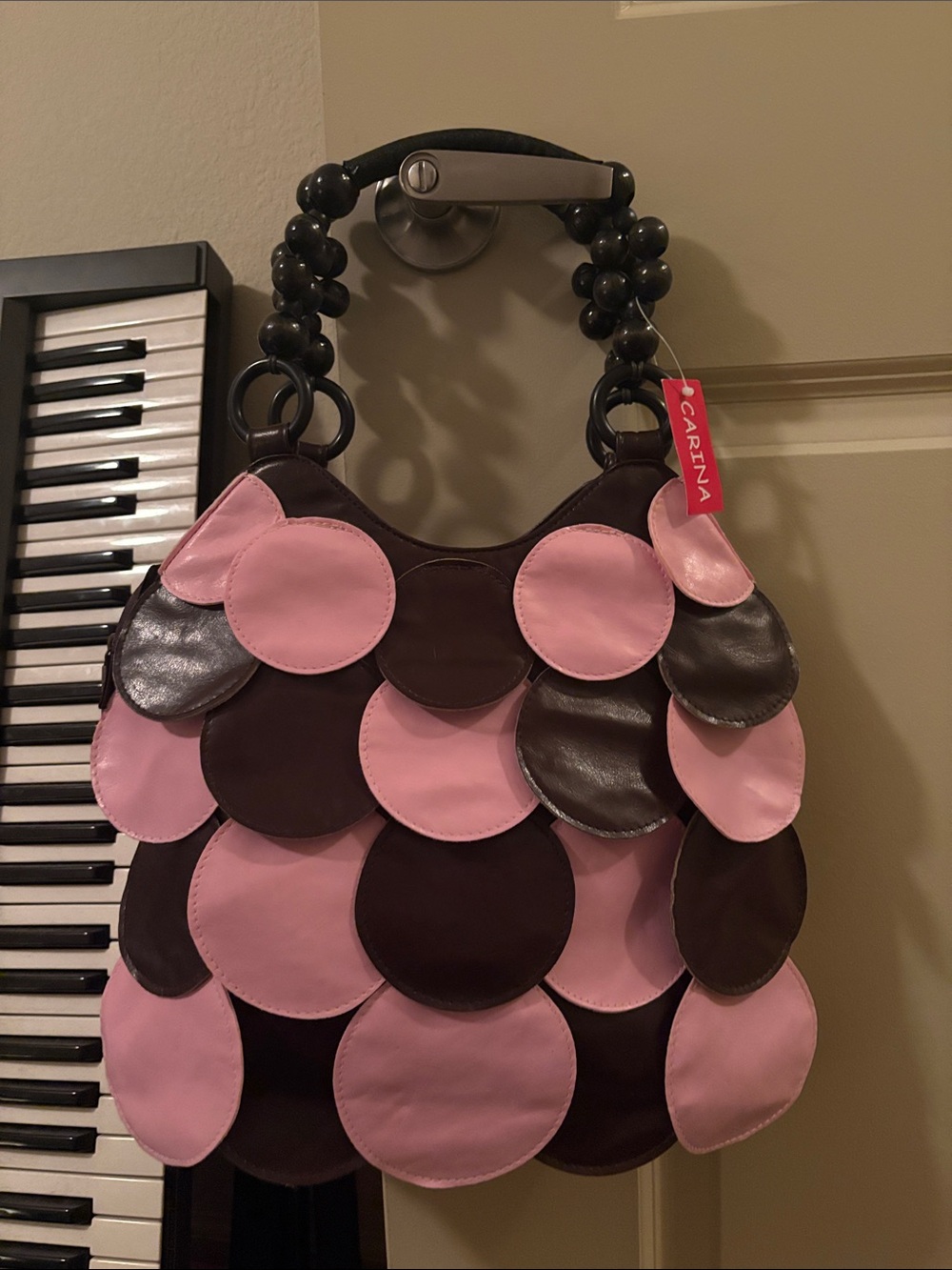American Vintage Pink and Brown Circle-Appliqué Shoulder Bag